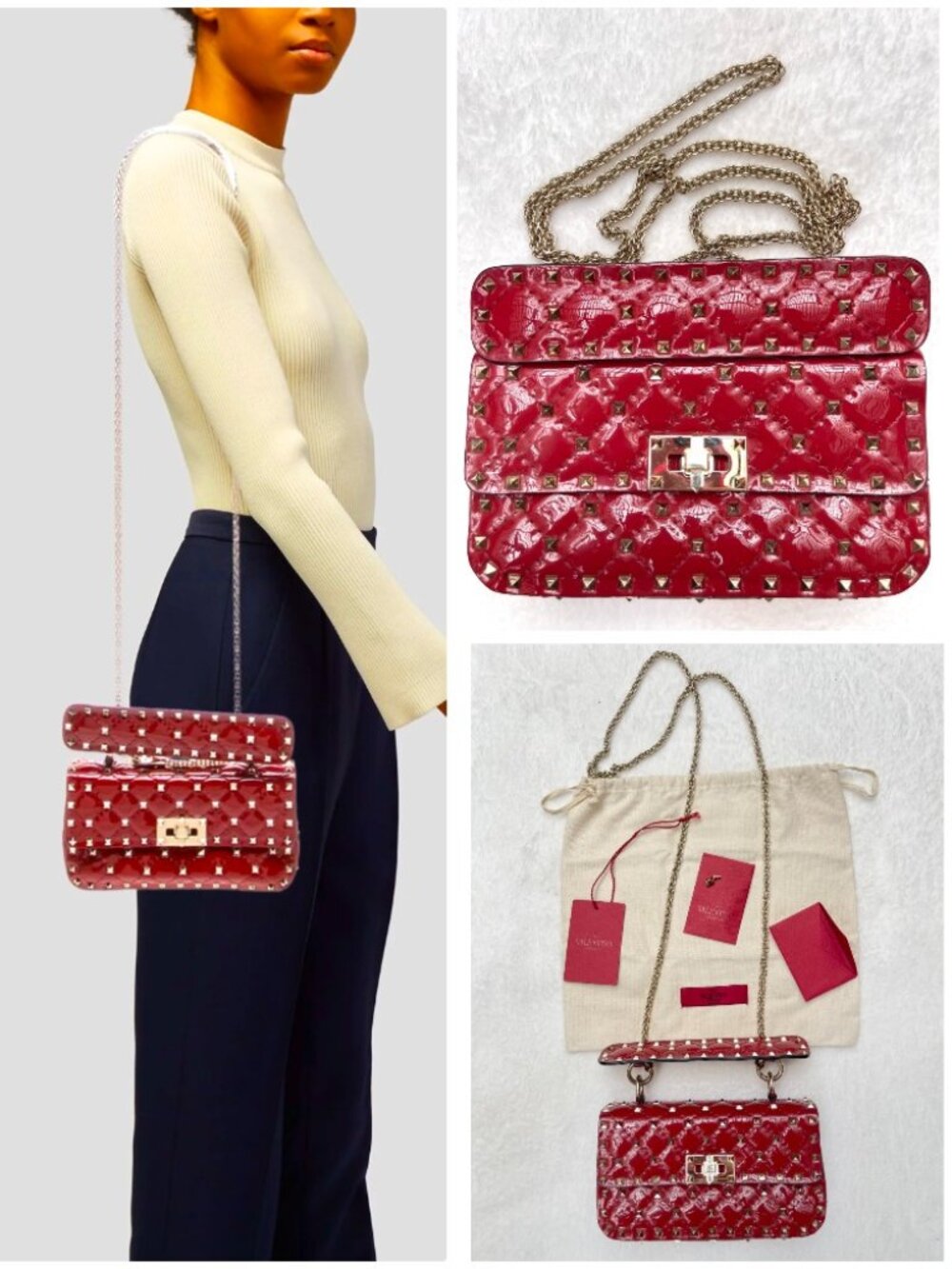 Auth Valentino Garavani Red Patent Rockstud Crossbody Bag